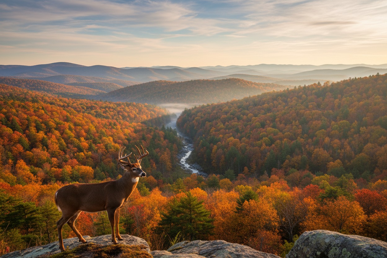 A white-tailed buck stands on a rocky overlook, looking out over a vibrant autumn forest and a winding river at sunrise.